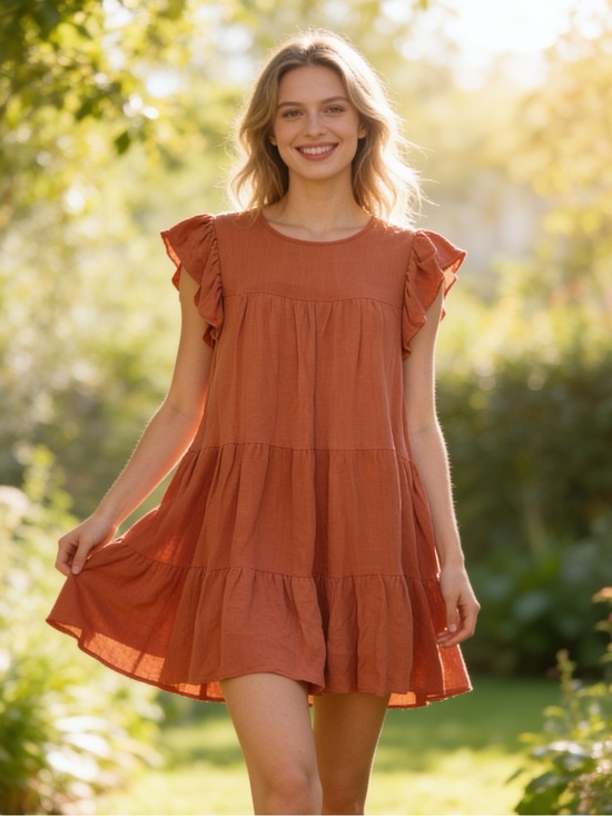 Altar'd State Dresses & Skirts - Altar’d State Theodora Peach Tiered Ruffle Sleeve Mini Dress XS